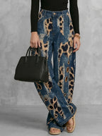 Freeacy 2026 Women High Waist Leopard Print Distressed Eyelet Hole Wide Leg Jeans Daily Casual Streetwear Demin Pants
