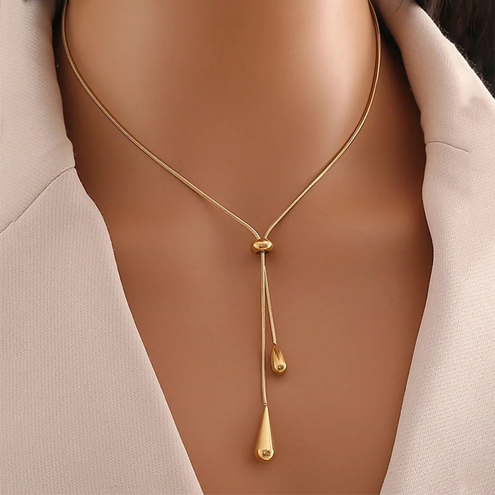 DOTIFI  Stainless Steel Pull Adjustable Water Drop Shape Tassel Charm Necklace Fashion Personality High-Grade Jewelry Gifts Main image