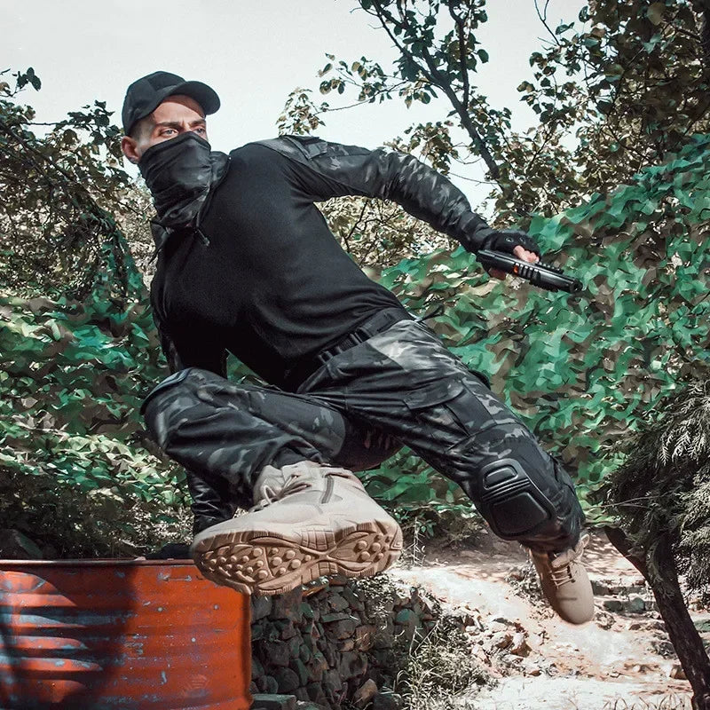 Camo Tactical Sets Outdoor Long Sleeve Wear-resisting T Shirts+Multi-pocket Tactic Cargo Pants Suit Training Workwear Combat Set