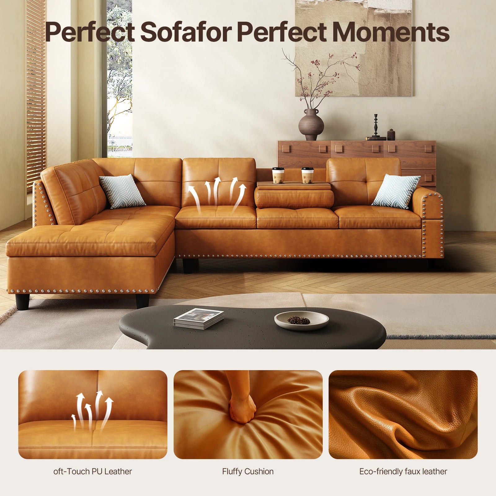 97.5" Faux Leather Sectional Sofa with Chaise Lounge, 2 Cup Holders & Pillows, 6-Seater Upholstered Tufting Corner,Stylish and C
