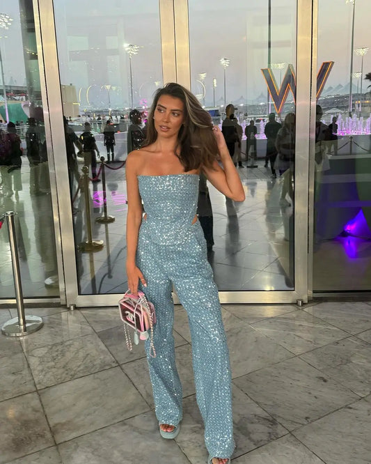 Fashion Sequins Denim Set Women Strapless Tunic Waist Crop Top and Wide Leg Pant Suit 2025 &2026 New 2 Piece Sets Outfits Tracksuit