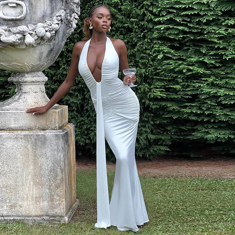 Sexy Deep V-neck Backless Halter Maxi Dresses Women's Sleeveless High Waist Bodycon Pleated Robe 2025 New Evening Party Gown