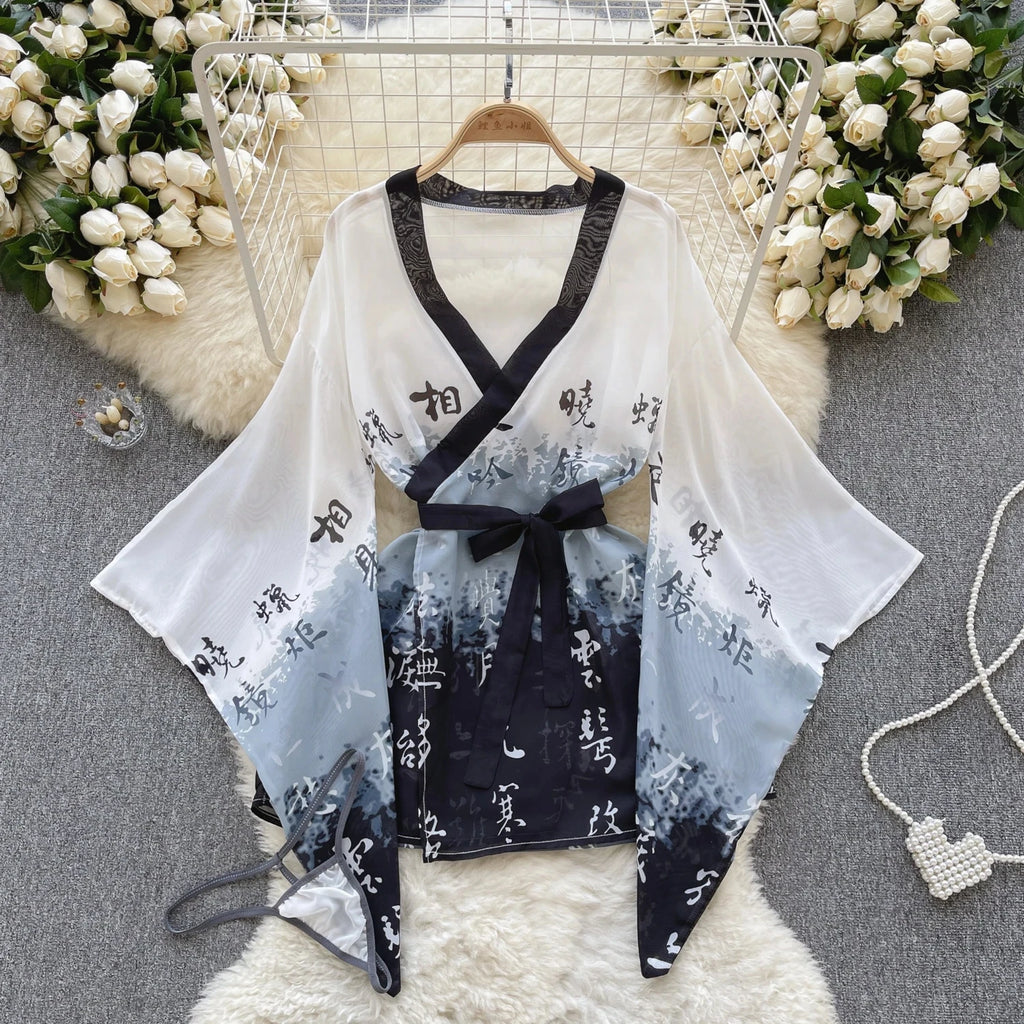 Japanese Kimono V-neck Printed Flower Bow Waist Shaping Cardigan Dress Women Clothing Loose Long Sleeve Vintage Sexy Lace-up New