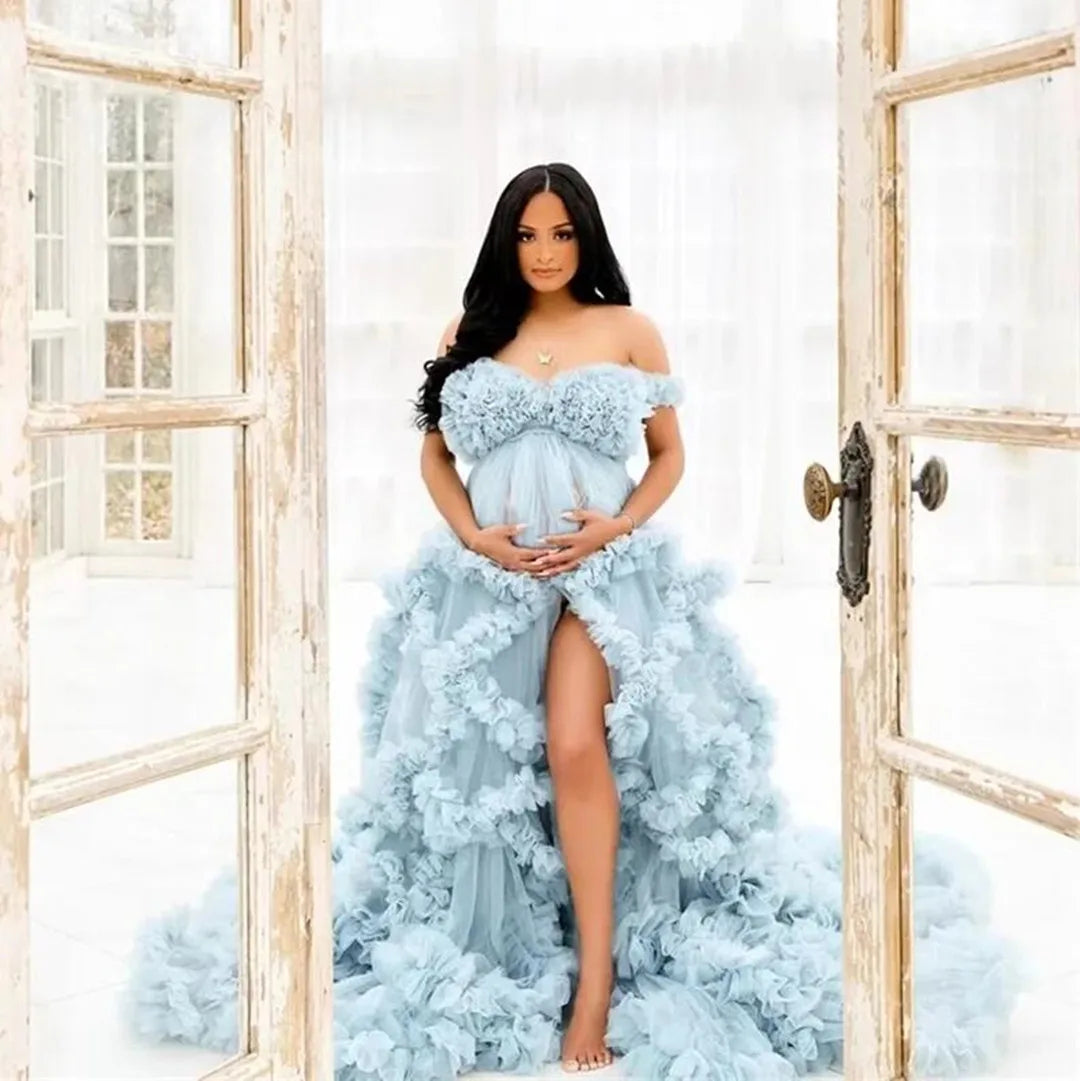 Sexy Maternity Star Dresses Ruffles Tulle Pregnant Photo Gowns for Photoshoot Baby Shower 3D Floral Off the Shoulder Robes Main image