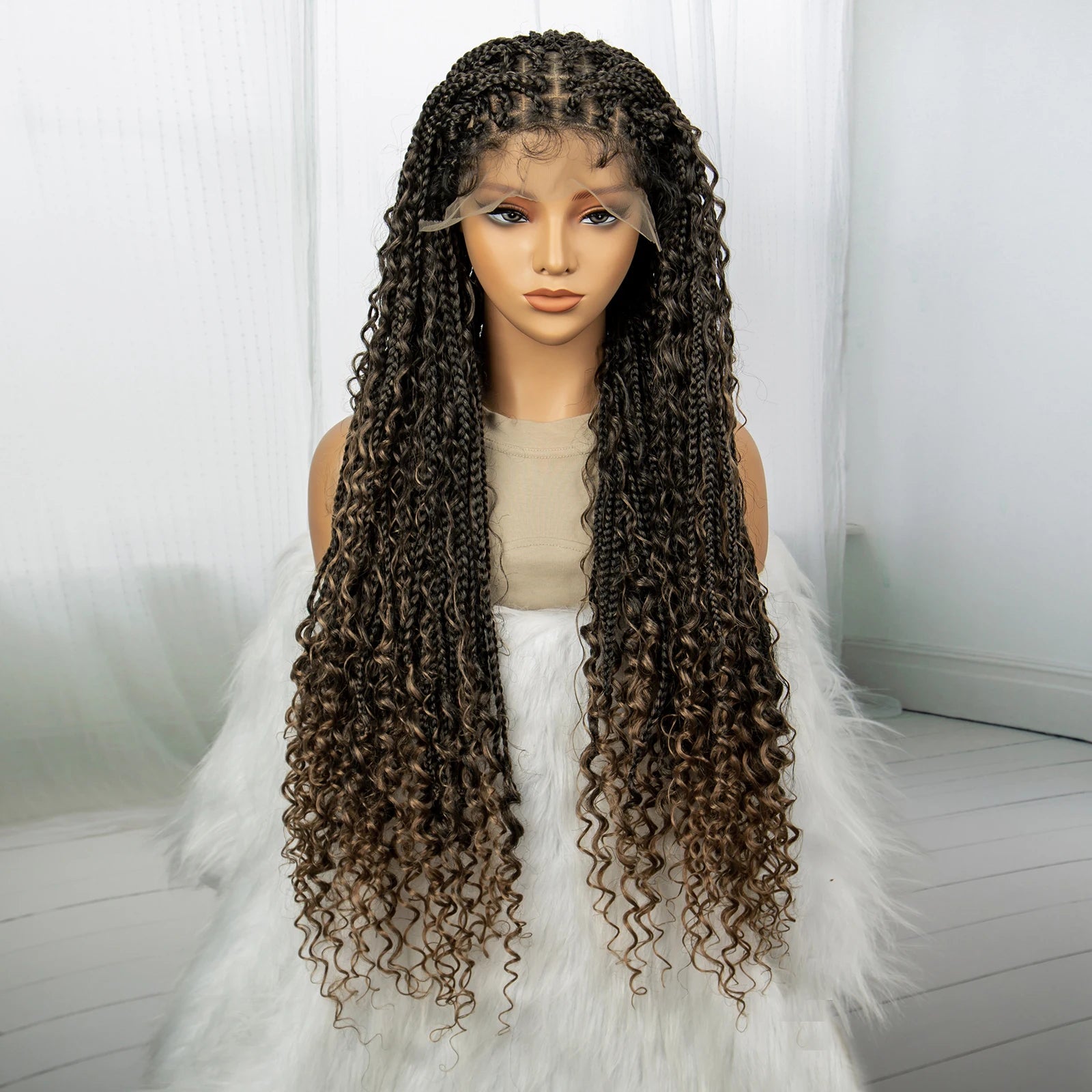 32inch Synthetic Boho Knotless Braided Wigs for Black Women Bohemian Box Braids Wigs Lace Front Braided Lace Wigs with Baby Hair