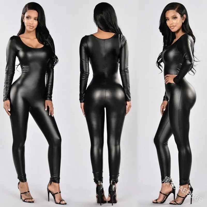 Women Jumpsuit Patent Leather Sexy Black Long Sleeve Jumpsuit Female Uniform Bodysuit Main image