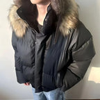 2024 American New Fashion Solid Color Fur Collar Hooded Cotton-padded Jacket Women Y2K Harajuku Gothic Hip-hop Pop Jacket Coat