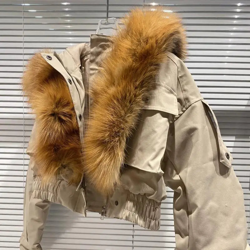 Big Fox Fur Collar Removable Rabbit Liner Short Coat Jacket for Women Winter Elastic Hem Hooded Jackets Wram Fashion Outwear