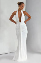 Deep V Neck Draped Ruched Sexy Maxi Dress Women Summer Fashion Halter Sleeveless Backless Club Party Long Dress Elegant BM98
