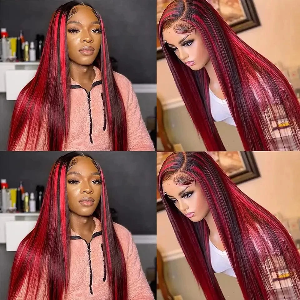 Black With Red Blonde Highlight Bone Straight Wig 5x5 Glueless Wig Human Hair Ombre Burgundy Colored Preplucked Wig Wear and Go