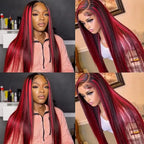 Black With Red Blonde Highlight Bone Straight Wig 5x5 Glueless Wig Human Hair Ombre Burgundy Colored Preplucked Wig Wear and Go