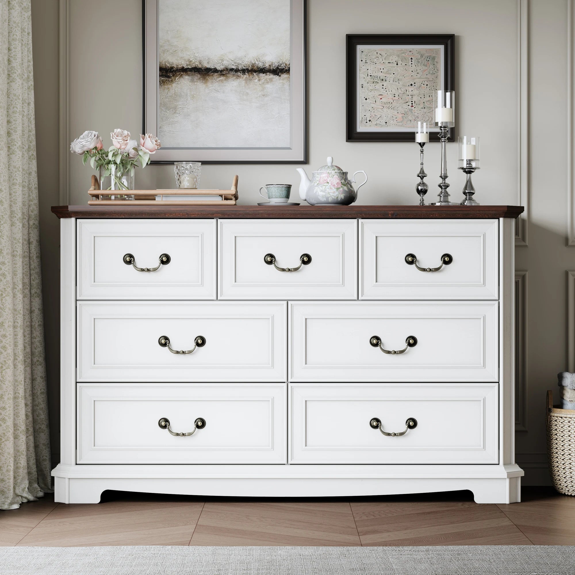Farmhouse Dresser for Bedroom with 7 Drawer, Wood Vintage Dresser TV Stand for Living Room, Hallway Main image