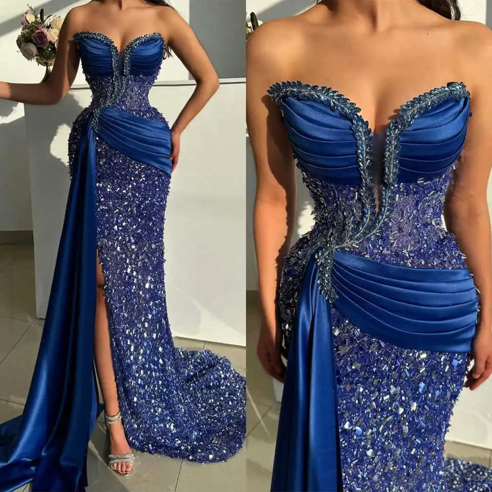 Elegant Evening Dresses Mermaid Strapless Sequined Crystals Sleeveless Prom Gowns Party Dresses Custom Made Robe De Soirée