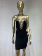 Women's Sexy V Neck Beading Diamonds Black Mini Bodycon Bandage Dresses 2026 Summer Fashion Elegant Evening Cocktail Party Dress