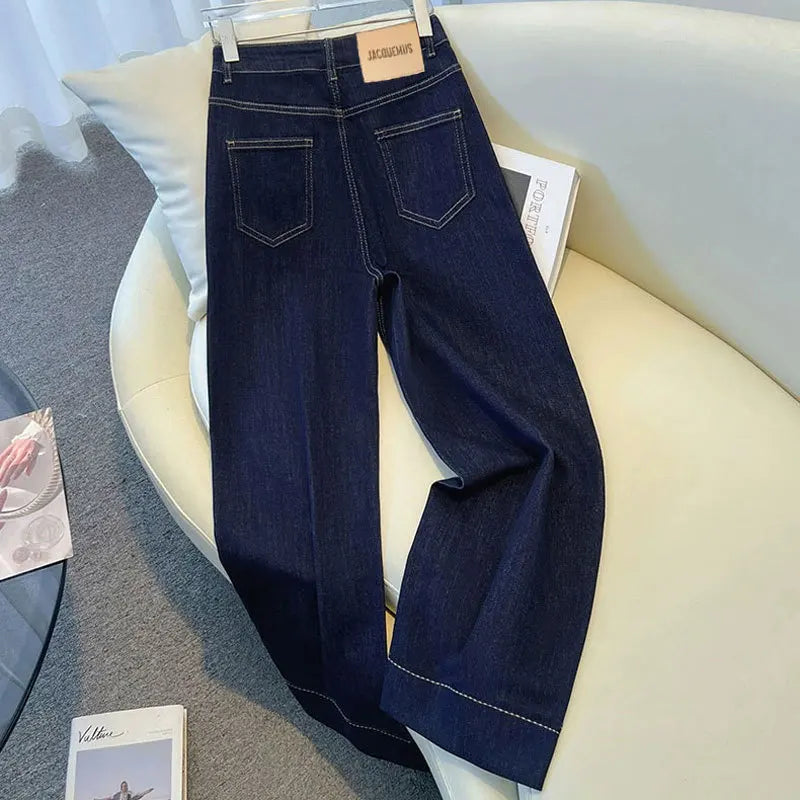 Female Trousers Women Button Zipper Closure Pockets Cozy Lady Pants Stylish Navy Blue Denim High Waisted Wide Leg Casual Jeans Secondary image