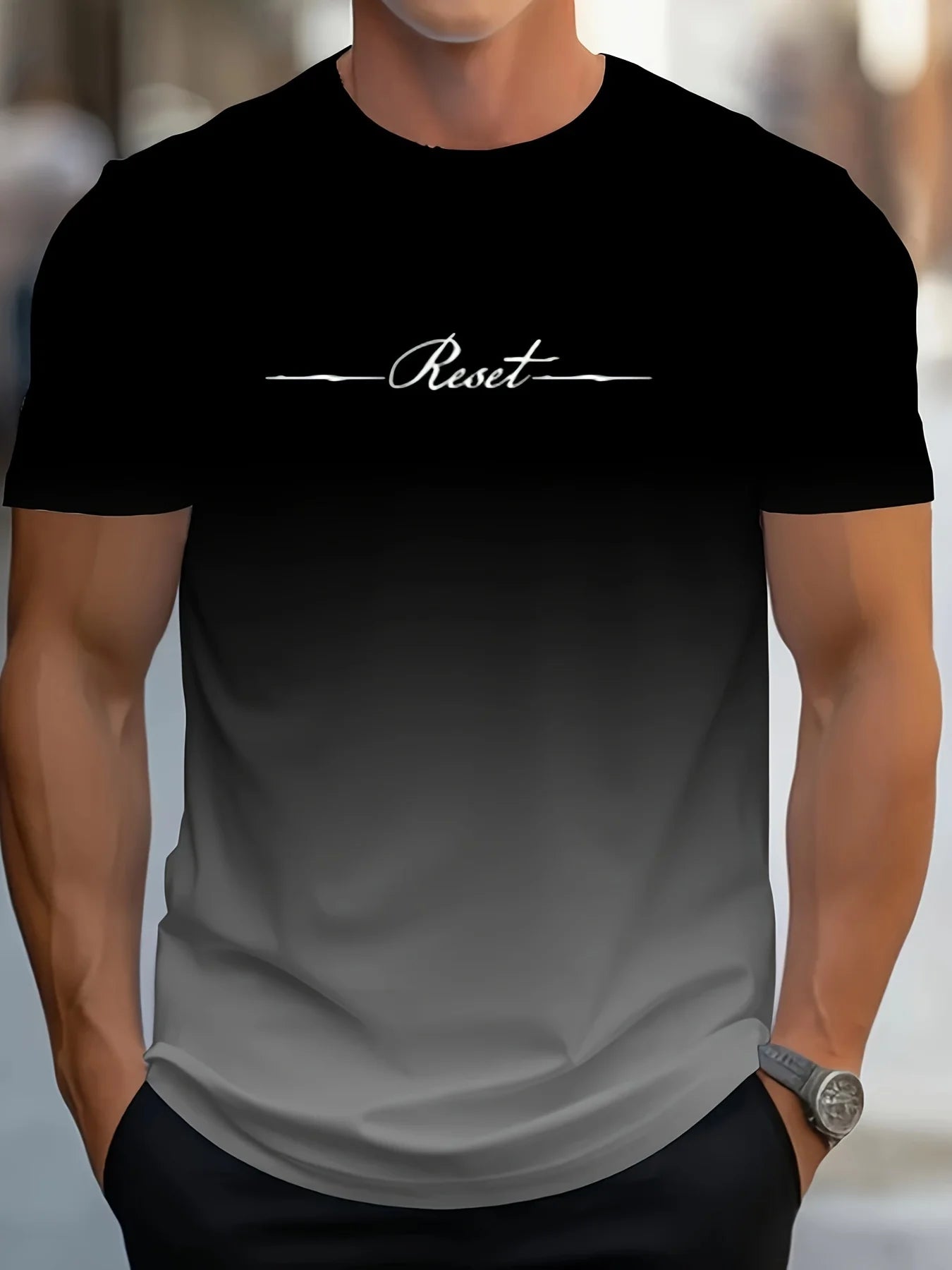 Alphabet Print Gradient Crew Neck Short Sleeve T-shirt For Men, Casual Summer T-Shirt For Daily Wear And Vacation Resorts