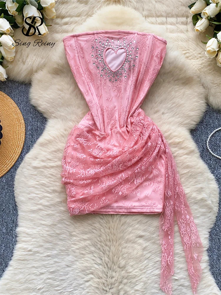 SINGREINY French Strapless Sexy Short Dress 2025 Heart Hollow Out Beading Sundress Backless Corset Lace Beach Mini Dress Main image