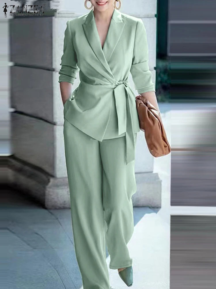 ZANZEA Elegant Office Lady Blazer Suits Women Classy Tied Waist Top and Pant 2pcs Outfit Streetwear Trend Commute Pant Sets 2025 Secondary image