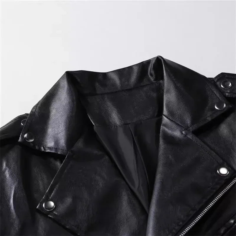 2026 New Men Solid Color Imitation Leather Jacket Red Fashion Homme Oblique Zipper Biker Coats Male Bar KTV Casual Top