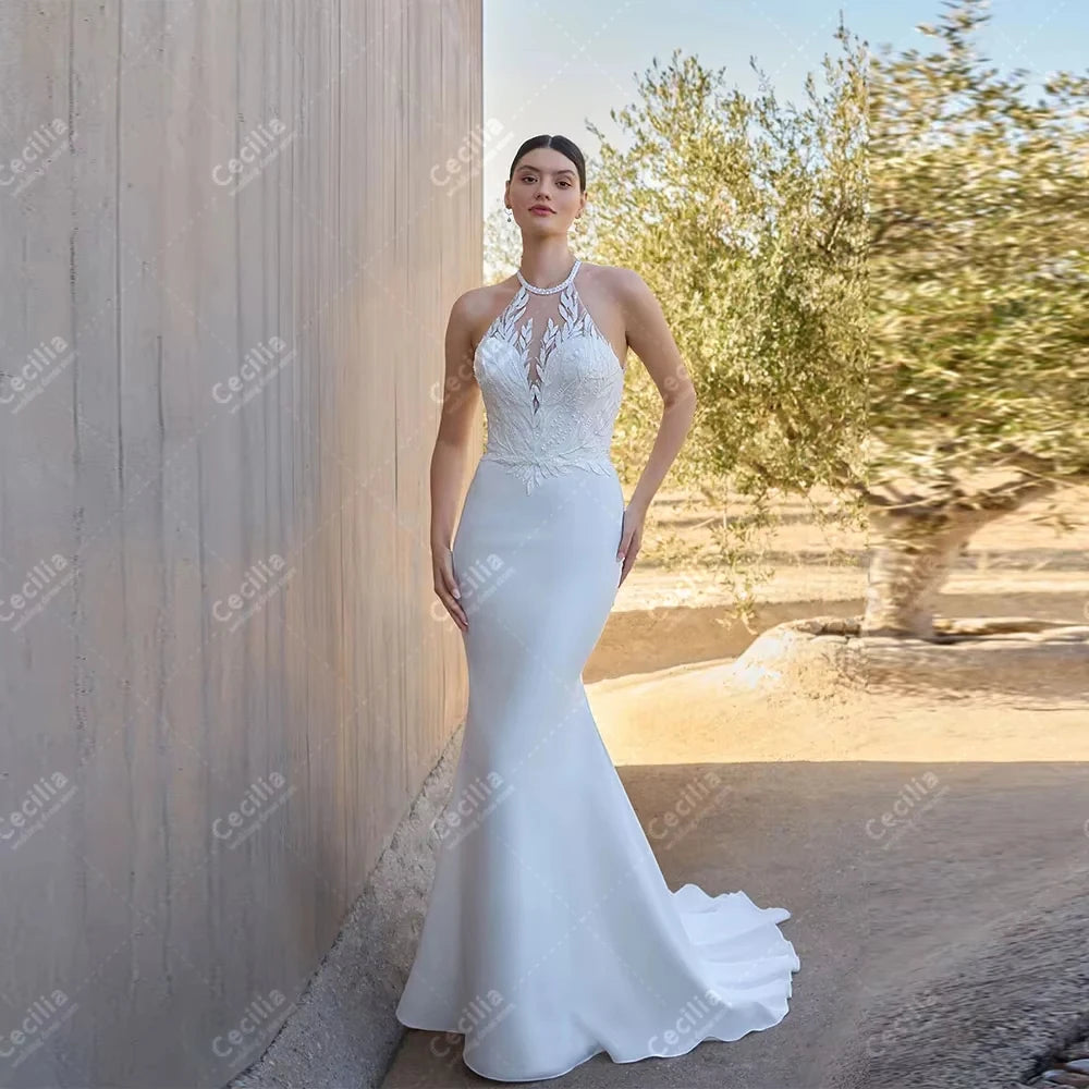 Charming Wedding Dresses Elegant Bridal Gowns Lace Appliques Sleeveless Backless Robes Pretty Customized Vestidos De Novia Main image