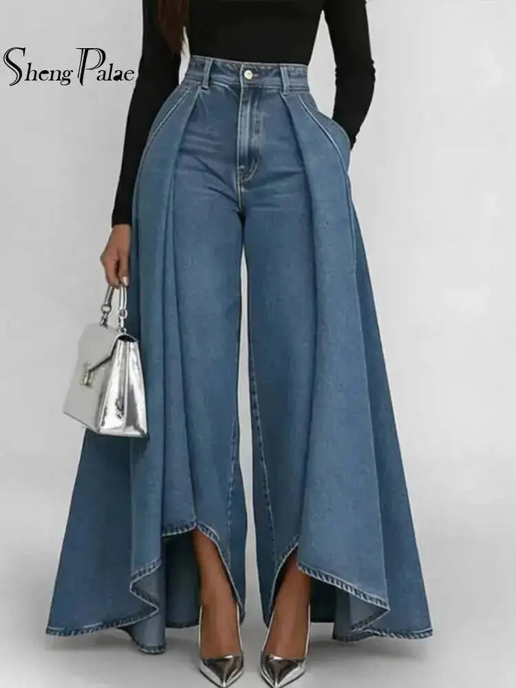 SHENGPALAE European And American Style Loose Solid Color Printed Button Straight Leg Jeans For Women 2026 Spring New 05E01378 Main image