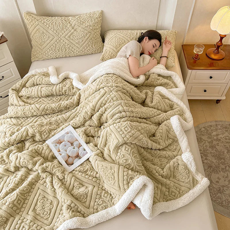 Winter Double Layer Sherpa Blanket Thicken Warmth Blankets for Bed 5D Carved Nap Blanket Quilt Plush Fuzzy Flannel Fleece Quilts