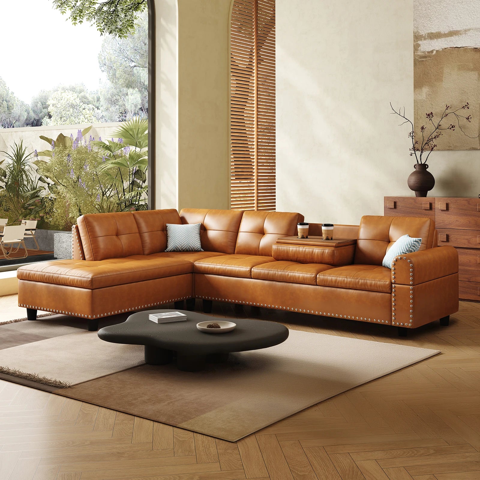 97.5" Faux Leather Sectional Sofa with Chaise Lounge, 2 Cup Holders & Pillows, 6-Seater Upholstered Tufting Corner,Stylish and C
