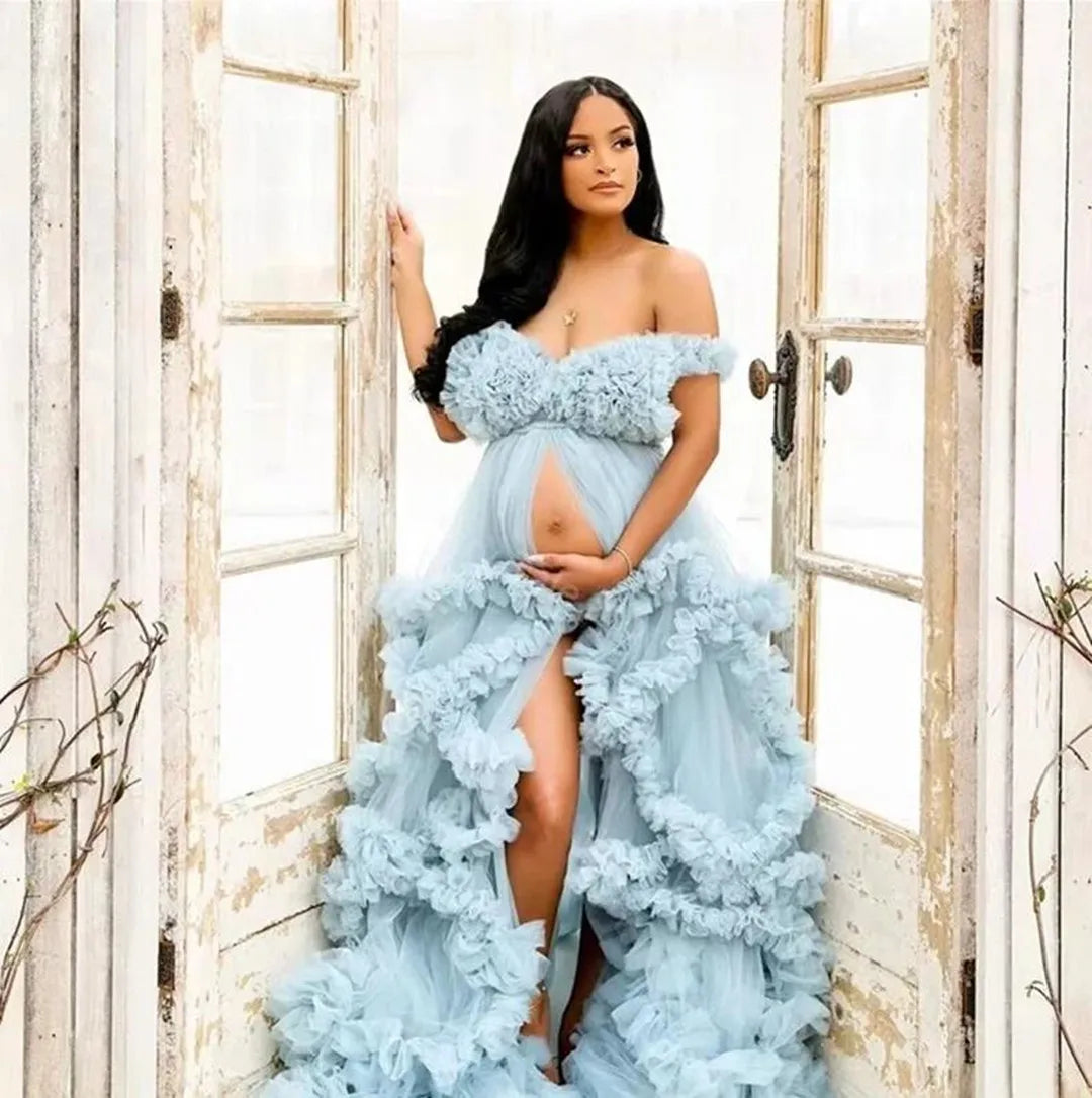 Sexy Maternity Star Dresses Ruffles Tulle Pregnant Photo Gowns for Photoshoot Baby Shower 3D Floral Off the Shoulder Robes Secondary image
