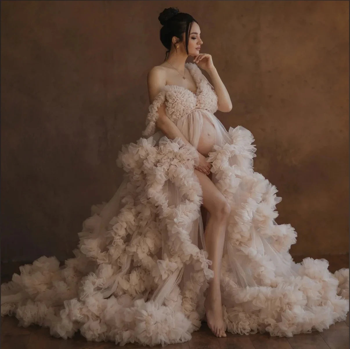Maternity Dresses Customized Photoshoot Tiered Ruffles Pregnant Women Gowns Baby Shower Off Shoulder Front Slit Bridal Sleepwear Main image