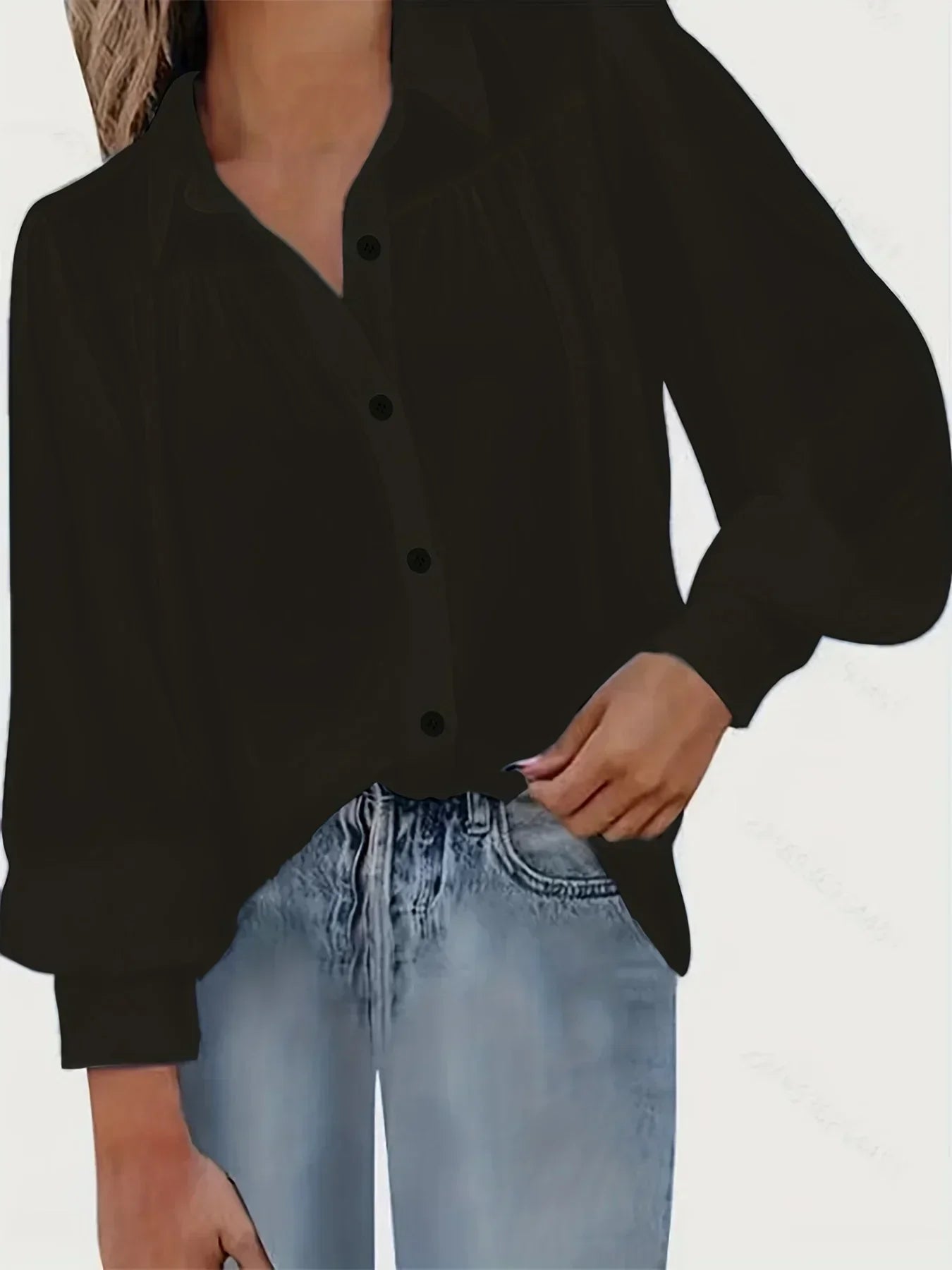 Women Fashion Plus Size 1XL-5XL Basic Blouse Ladoes Solid Button Up Lantern Sleeve Turn Down Collar Blouse Shirt