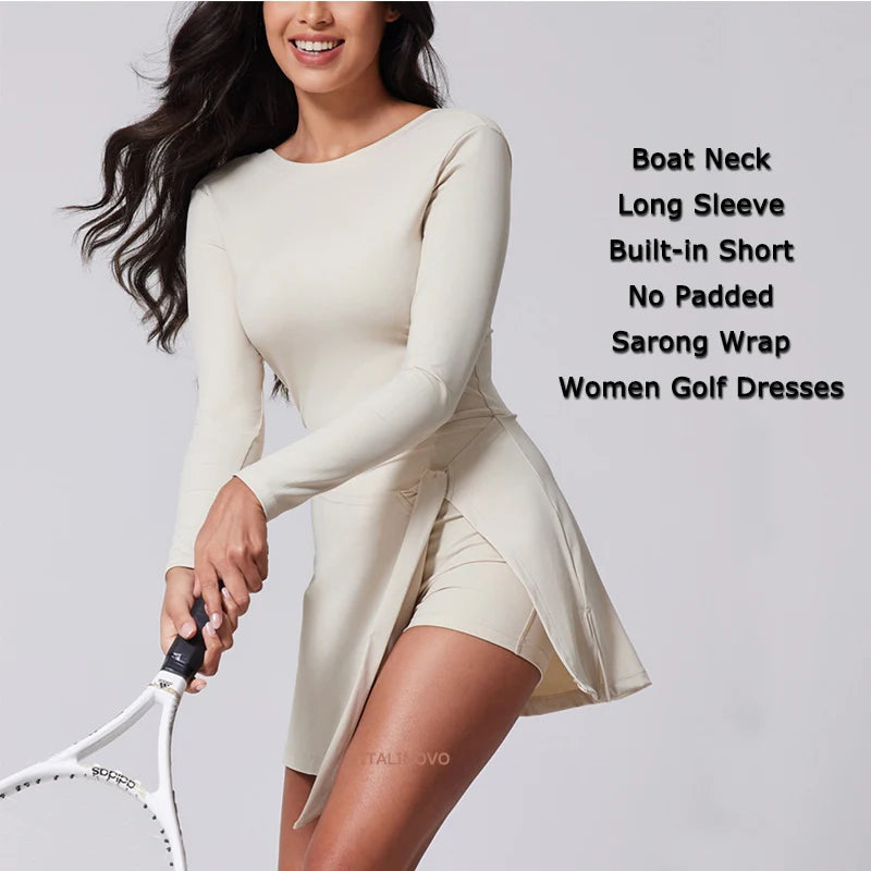 VITALINOVO Womens High Neck Tennis Dress Long Sleeve Sarong Wrap Skirt Built in Shorts Golf Athletic Dress Workout Rompers