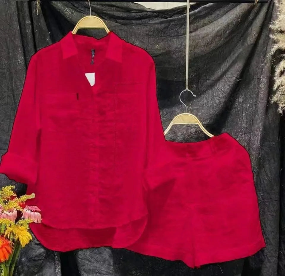 Summer Cotton Linen Casual Home 2 Piece Set For Women 2026 Fashion White Long Sleeve Shirt And Shorts Two Piece Sets Tracksuit
