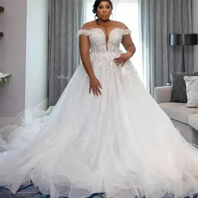 Customized Wedding Dress For Bride 2026 Sheer Neck Lace Up Back Major Beading Sequins Pearls Plus Size Women Africa Bridal Gowns