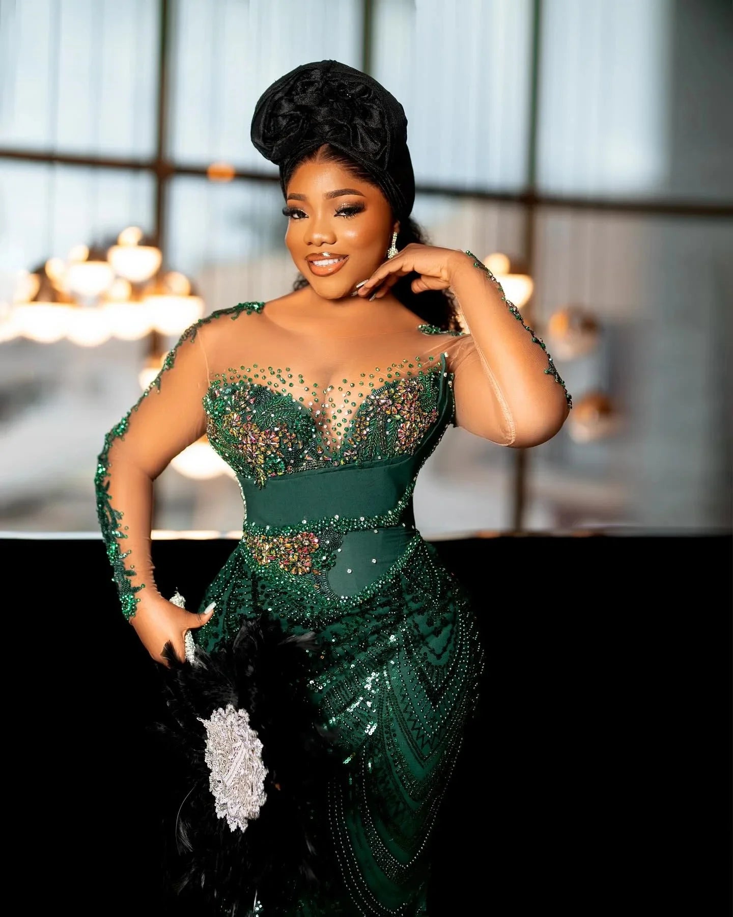 Sheer Neck Long Sleeves Mermaid Evening Gowns African Women So Ebi Party Dress Formal Wear Dark Green Sparkly Lace Prom Dresses Secondary image