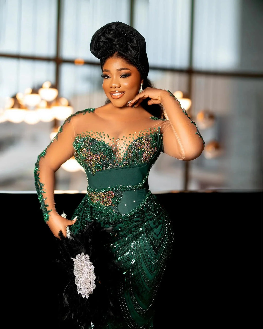 Sheer Neck Long Sleeves Mermaid Evening Gowns African Women So Ebi Party Dress Formal Wear Dark Green Sparkly Lace Prom Dresses
