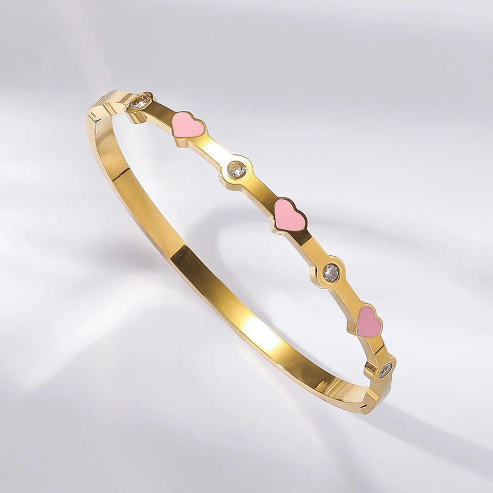 ZAKOL 5pcs/1pcs Pink Crystal Zircon Inlaid Stainless Steel Bracelet Charm Stacked Bracelets Fashion Non-fading Jewelry Gift