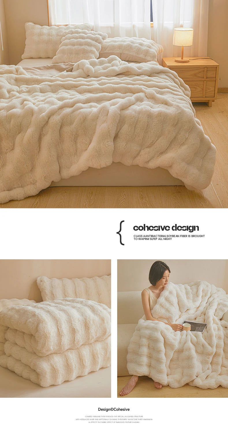 Ultra Soft Luxury Flffy Faux Rabbit Fur Blanket, Thick Winter Warm Throw Blankets, Plush Cozy Bubble Fleece Blankets Home Decor