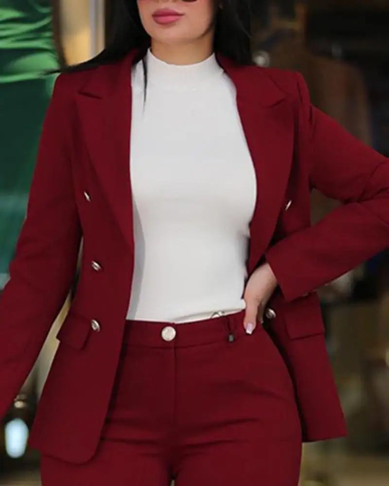 Spring Autumn Women's Solid Color Long Sleeve Suit Fashion A Button Slim-fit Wrap Buttock Pencil Pants Female Office 2 Piece Set
