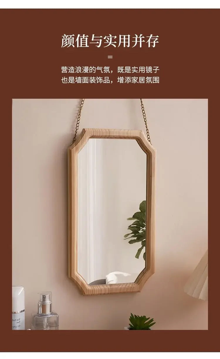 Retro Solid Wood Dressing Mirror Makeup Mirror Wall-mounted Bathroom Toilet Wall-mounted Punch-free Rectangular Bathroom Mirror
