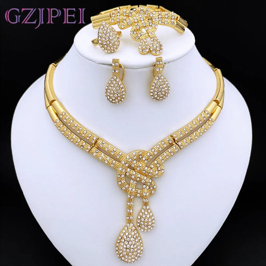 Dubai Gold Color Women Jewelry Sets Classic Design Necklace Earrings Charm Bracelet Ring  Banquet Party Jewelry 18K Gold Plated