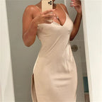 Sexy Spaghetti Strap Backless Summer Dress Women Satin Silky Spaghetti Strap Split Lace Up  Dress Elegant Bodycon Party Dresses
