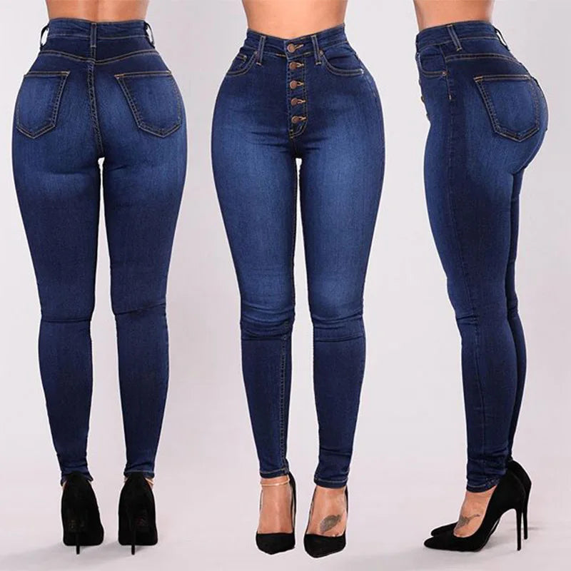 Women High Waist Elastic Slim Fit Skinny Jeans Lady Vintage Button Pencil Long Pants Narrow Straight Wrap Hips Casual Trousers Main image