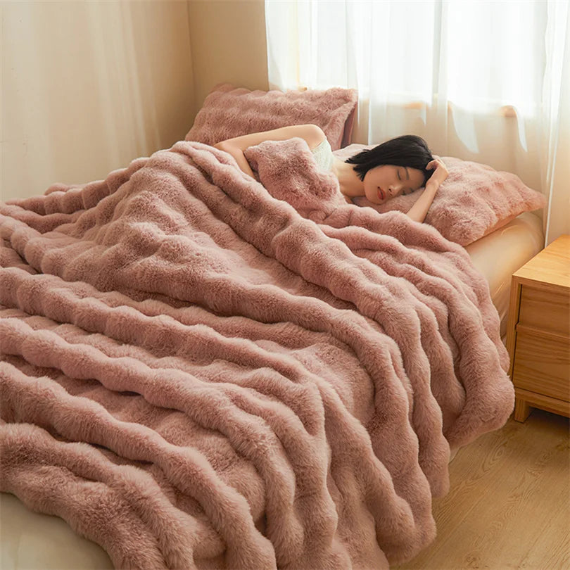 Ultra Soft Luxury Flffy Faux Rabbit Fur Blanket, Thick Winter Warm Throw Blankets, Plush Cozy Bubble Fleece Blankets Home Decor
