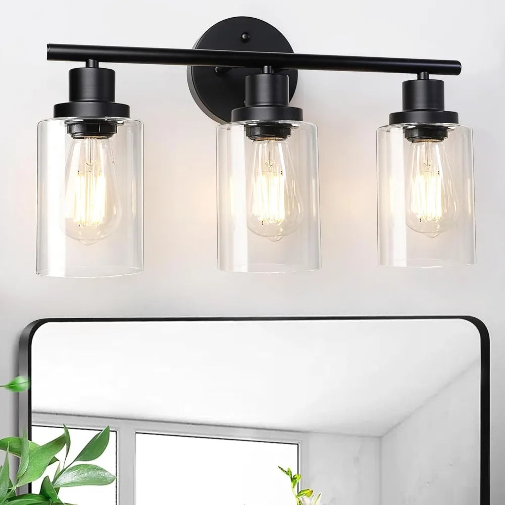 Modern Bathroom Mirror Wall Light Fixtures Black 3-Light Vanity Lights with Clear Glass for Bathroom Living Room Bedroom Hallway