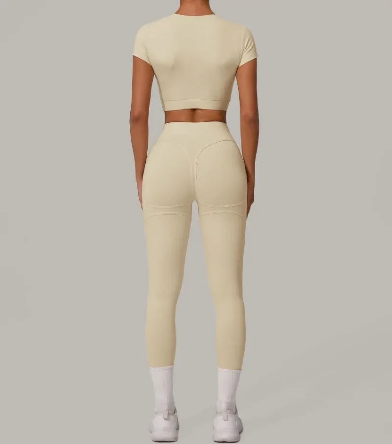Gym Workout Yoga Fitness Sports Suit Short-sleeved Top Padded-free High-waisted Hip-lifting Trousers Outdoors Leisure Sportswear