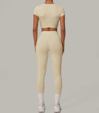 Gym Workout Yoga Fitness Sports Suit Short-sleeved Top Padded-free High-waisted Hip-lifting Trousers Outdoors Leisure Sportswear