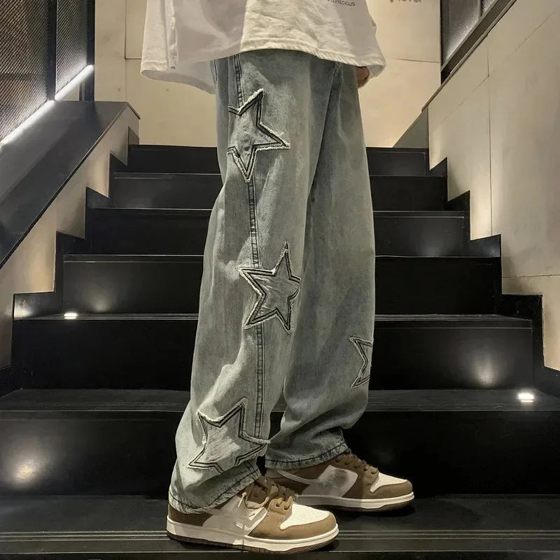Xpqbb Y2K Vintage Streetwear Jeans Women Harajuku Star Aesthetic Wide Leg Denim Trousers High Waist Unisex Couple Straight Pants