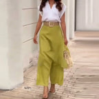 Womens Summer 2 Piece Outfits 2026 Elegant V-neck Short Sleeved Top & Skirt Wide Leg Pants Fashion Casual Female Two Piece Sets