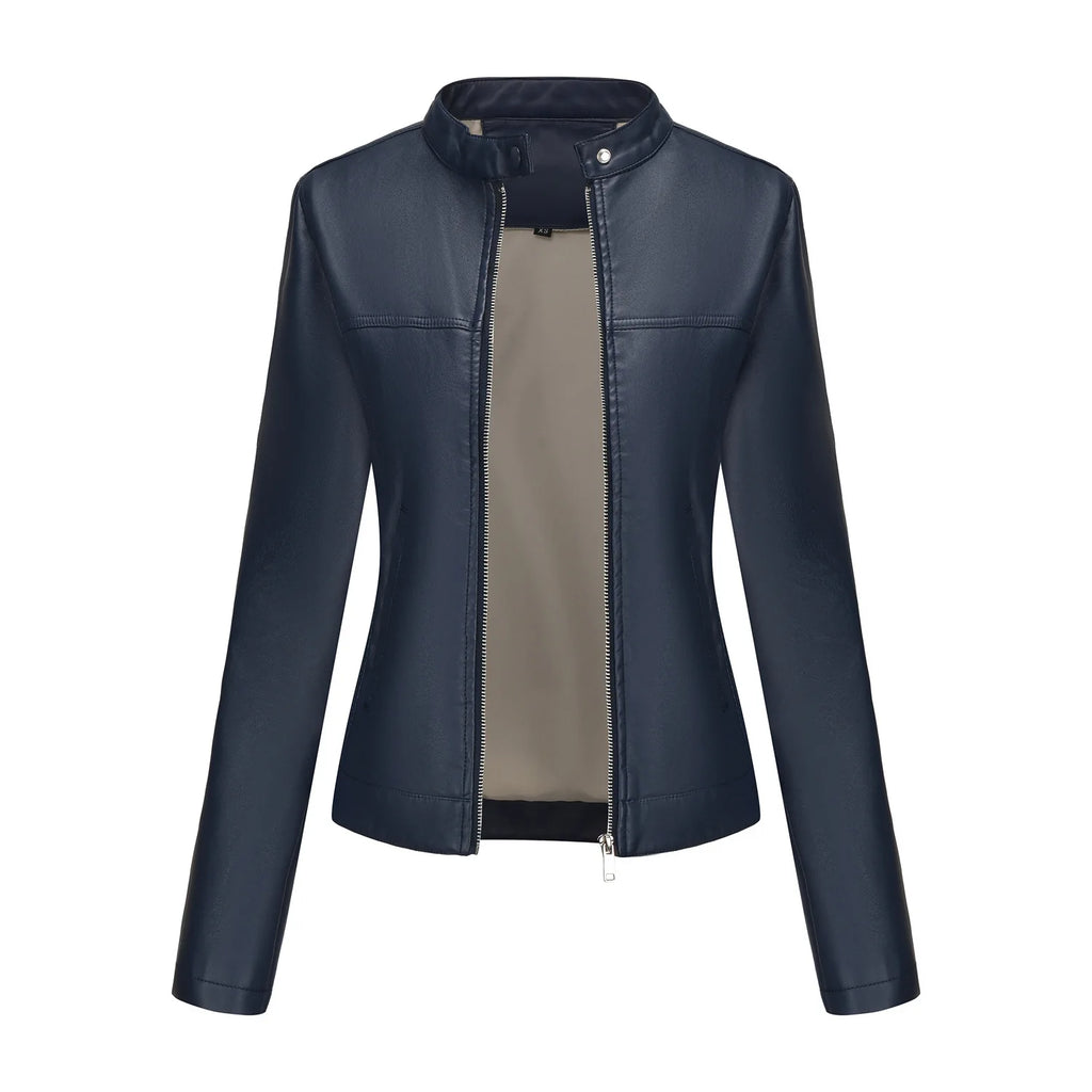 Black Women's Fitted Leather Jacket with Front Zipper & Side Pockets‌, Available in Brown, Navy Blue, and Beige.