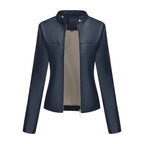 Black Women's Fitted Leather Jacket with Front Zipper & Side Pockets‌, Available in Brown, Navy Blue, and Beige.